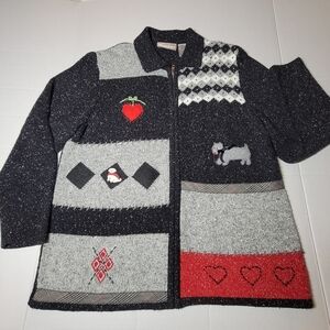 TanJay Patchwork Scotty Dog Zipper Cardigan Sweater Medium Black Gray‎ Red Heart